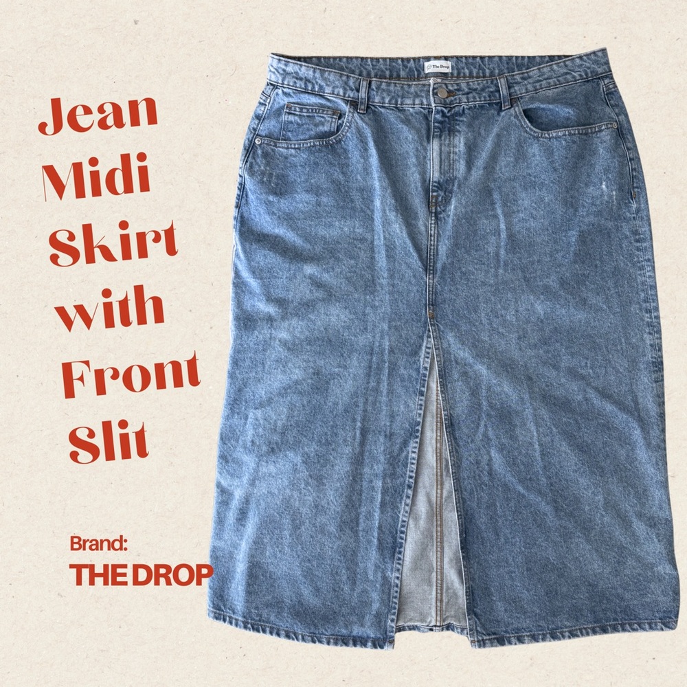 The Drop Denim Midi Skirt with Front Slit